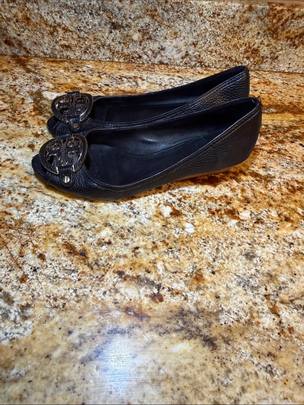 Tory Burch Black Pebbled Leather Peep Toe Wedge Pumps - Picture 4 of 9